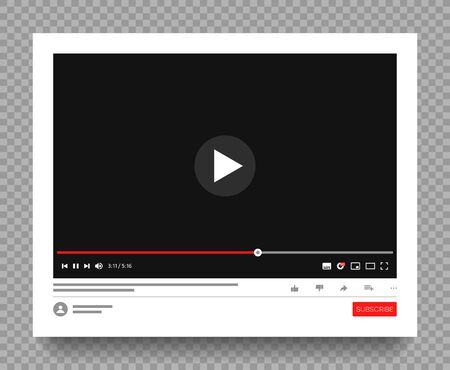 Interface of multimedia player of social media. Website page with playing video or video channel. Mockup on transparen background with shadow. Vector illustration.のイラスト素材