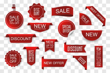 Set of sale tags, new collection and offers labels and ribbons. 3d dicsount badges on transparent background with shadow. Paper red banners. Vector illustration.のイラスト素材