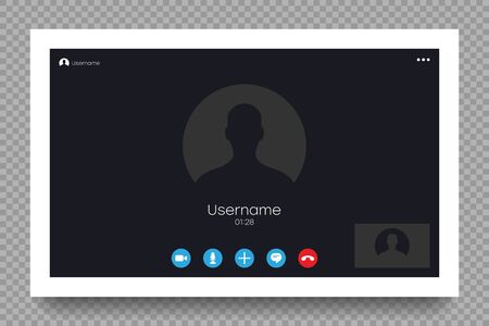 Video call screen template. User interface of video call. Online calling. Concept of conference, online learning and work at distance. Mockup on transparent background with shadow. Vector illustrationのイラスト素材