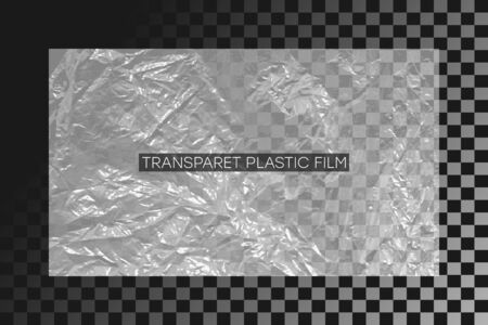 Transparent polyethylene film. Crumpled plastic wrap. Realistic cellophane texture on transparent background. Design element graphic of polyethylene or cellophane stretch film with wrinkles. Vectorのイラスト素材