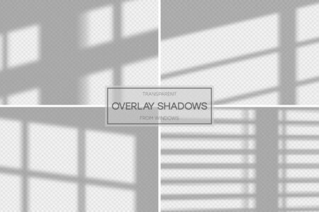 Shadow overlay effect. Set of transparent overlay shadow from the window and jalousie. Realistic soft light effect of shadows and natural lightning on transparent background. Vector.のイラスト素材
