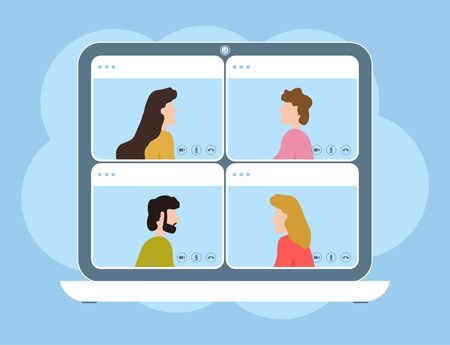 Video call conference. Concept of online meeting, working from home and learning at distance. Webcam online video calling on laptop. Flat vector illustration.のイラスト素材