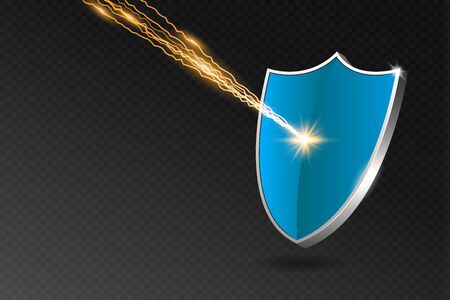 shield reflects lightning strike. Security shield on transparent background with shadow, rays and lights. Virus attack protection concept. Vector illustration.のイラスト素材