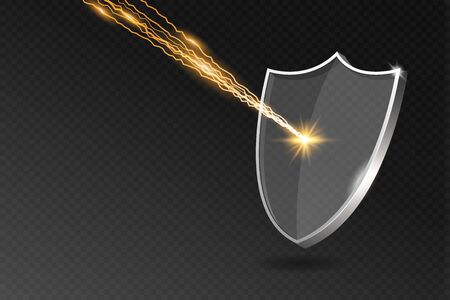 Glass shield reflects lightning strike. Acrylic security shield on transparent background with shadow, rays and lights. Virus attack protection concept. Vector illustration.のイラスト素材