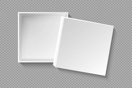 Realistic open box with cap. 3d cardboard mockup with shadow on transparent background. Empty carton paper square with lid cover. Open gift box or white blank package. Vector illustration.のイラスト素材