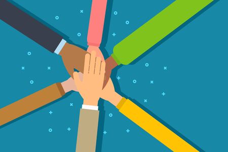 People putting their hands together. Friends join hands in a circle showing unity. Concept of...