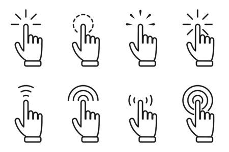 Pointer hand click icon set. Website clicking cursor, finger arrows with click effect. Web interface and computer icons. Vector illustration.のイラスト素材