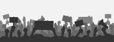 Crowd of people protesters. Silhouettes of protesting people with banners, megaphones and raised up hands and fist. Concept of fight for your rights, revolution or protest. Vector illustration.のイラスト素材
