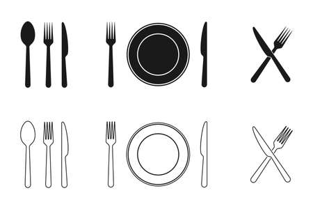 Plate, knife, fork and spoon icons set. Tableware flat and line icons collection. Vector illustration.のイラスト素材
