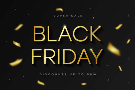 Black Friday sale banner. Golden shiny text on black background with gold confetti. Special offer, discounts, sale on Black Friday. Vector.のイラスト素材