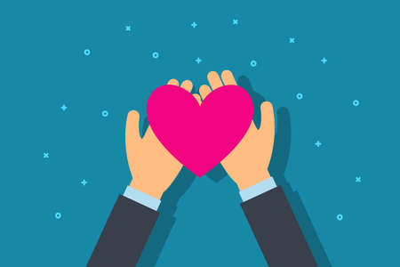 Charity and donation concept. Man give heart in palm hand. Flat style vector illustration.のイラスト素材