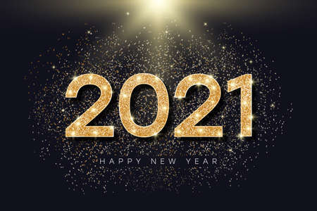 2021 number with golden glitter for New Year. Holiday banner for New Year and Merry Christmas with...