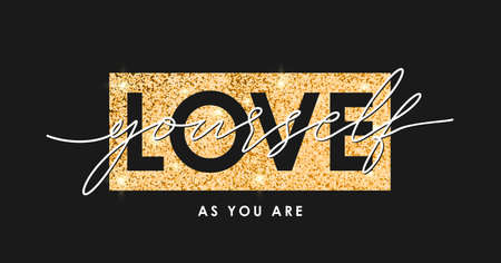 T-shirt design with gold glitter texture and slogan - love yourself. Typography graphics for tee shirt with golden glitter. Girls apparel print. Vector.のイラスト素材