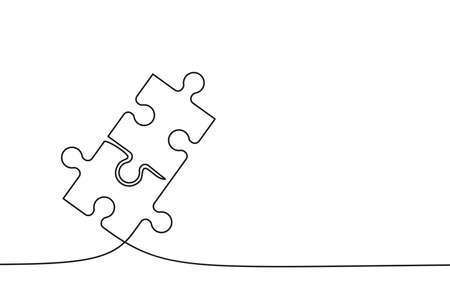Two connected puzzle pieces of one continuous line drawn. Jigsaw puzzle element. Vector illustration.のイラスト素材