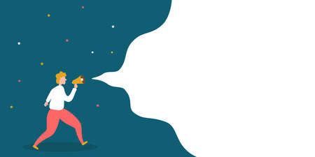 Man with megaphone and place for text. Male holding megaphone with blank speech bubble or banner. Vector illustration.のイラスト素材