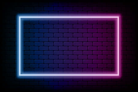 Color rectangle neon frame. Glowing neon light in rectangle shape. Colored bright sign at brick wall background. Vector.のイラスト素材