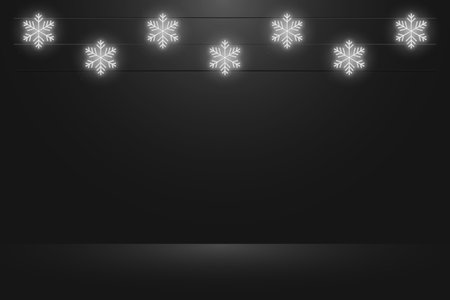 Black studio background with hanging glowing neon snowflakes. Realistic empty dark studio room. Background for Christmas and New Year presentation. Vector.のイラスト素材