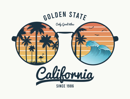 California t-shirt design with color sunglasses with palm trees silhouette, flamingo and waves. Sun glasses print for tee shirt with slogan, tropical palms and beach reflection. Vector illustration.のイラスト素材