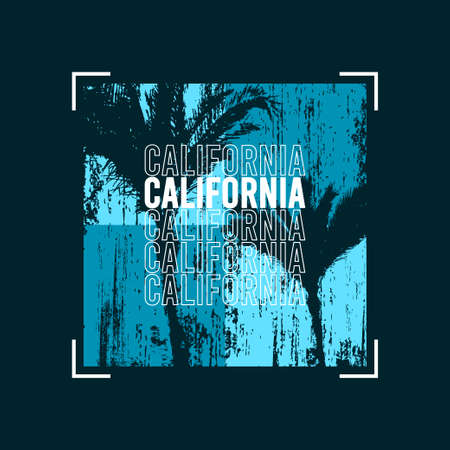California t-shirt design with palm trees at blue grunge texture. Typography graphics for tee shirt design. Vector illustration.のイラスト素材