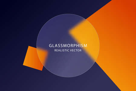 Glassmorphism effect with transparent glass plate on abstract colored background with moving geometric shapes. Frosted acrylic or plexiglass plate in circle shape. Realistic glass morphism. Vector.のイラスト素材