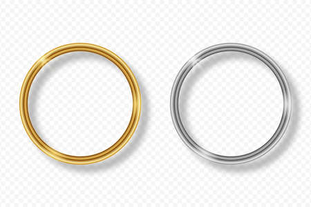 Set of gold and silver round frame on transparent background with shadow. Golden and silver 3d realistic geometric circle border with glow shine and light effect. Vector illustration.のイラスト素材