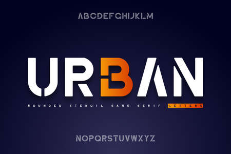 Rounded stencil sans serif font. Stencil alphabet with uppercase letters. Vector illustration.のイラスト素材