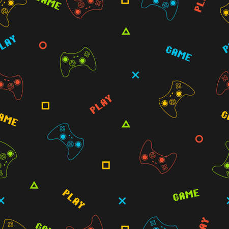 Joystick gamepad seamless pattern with pixel text. Typography graphics for t-shirt prints and other video game concept. Vector illustration.のイラスト素材