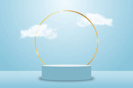 3d blue rendering with platform and realistic clouds, stage with empty pedestal and gold circle frame. Podium for product display show or place for presentation. Vector.のイラスト素材