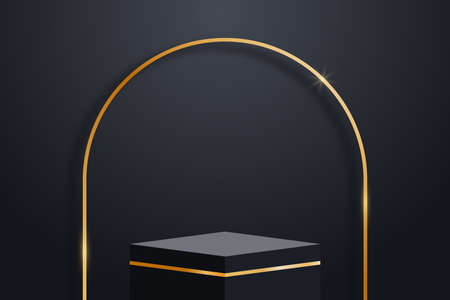 Realistic dark platform with gold decorations and golden arch with shadow. Stage with empty pedestal. 3d podium for product display show or place for presentation. Vector.のイラスト素材