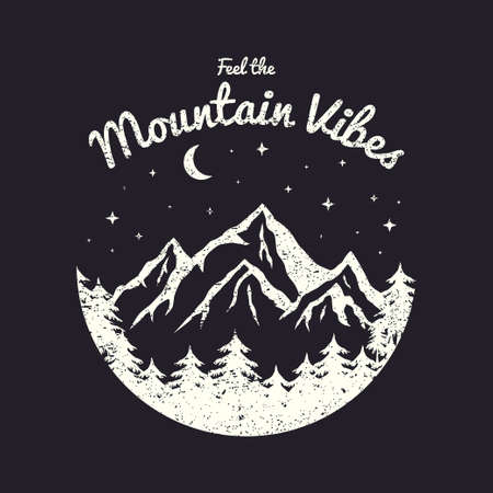 T-shirt design with mountains, forest and night sky. Typography graphics for tee shirt with grunge and slogan. Vintage apparel print. Vector illustration.のイラスト素材