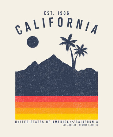 California t-shirt design with palm trees and mountains. Typography graphics for tee shirt with grunge. Vintage apparel print. Vector illustration.のイラスト素材