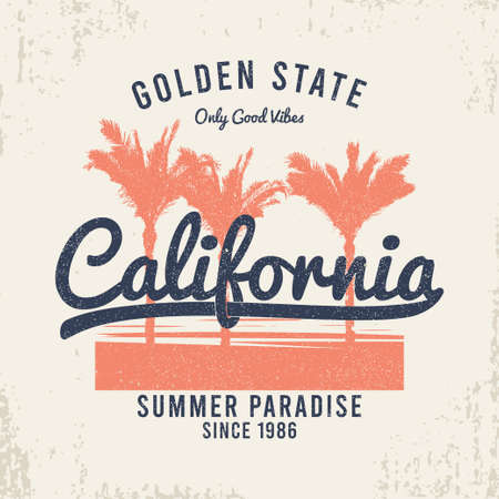 California t-shirt design with palm trees, grunge and slogan. Typography graphics for vintage tee shirt. California apparel print. Vector illustration.のイラスト素材