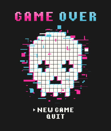 Gamers t-shirt design with glitch pixel skull and pixel text and slogan. Typography graphics for tee shirt with pixelated glitchy skull. Slogan print for video game concept. Vector illustration.のイラスト素材