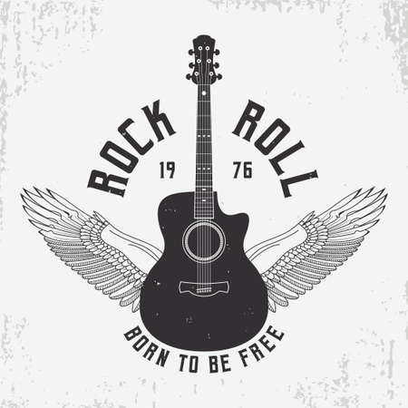 Rock and Roll t-shirt design with guitar and wings. Typography graphics for tee shirt with slogan and grunge. Vintage apparel with rock-n-roll print. Vector illustration.のイラスト素材