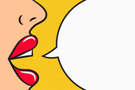 Girl says information with comic speech bubble. Pop art style illustration. Concept of advertisement, announcement of information and attraction of attention. Vector illustration.のイラスト素材