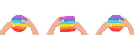Hands holding an anti-stress toy - pop it. Hand toy of different shapes in rainbow color with rubber push bubbles. Pop it fidgets in hand. Vector illustration.のイラスト素材