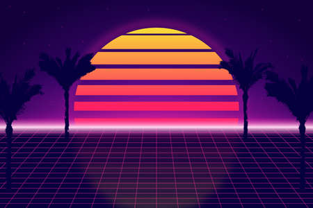 Retro futuristic background with sky and palm trees. Retrowave and synthwave style illustration of tropical sunset and palms. Retro poster, banner or flyer design in 1980s style. Vector.のイラスト素材