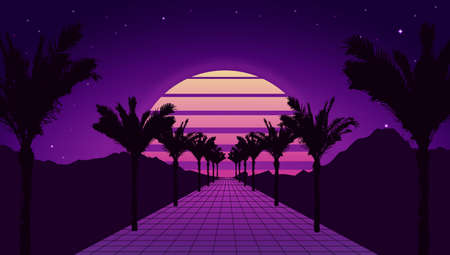 Retro futuristic tropical road with mountains, sunset and palm trees. Retrowave and synthwave style illustration of road, sun, mountain and palms. Retro poster or banner design in 1980s style. Vector.のイラスト素材