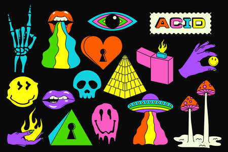 Acid sticker set. Acidic abstract smiles, objects and icons. Funny color pictures in trendy psychedelic style. Vector illustration.のイラスト素材