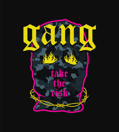 Knitted camouflage balaclava mask with barbed wire and flame in eyes with slogan for print design. T-shirt design with knit camo crime mask. Typography graphics for slogan tee shirt. Vector.のイラスト素材