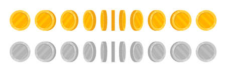 Rotating coins set for animation. Gold and silver coins collection at different angles for rotation effect. Vector illustration.のイラスト素材