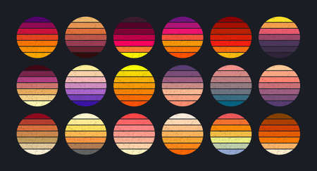 Sunset collection in retro 70s and 80s style with grunge texture. Vintage sunsets in different...