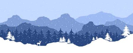 Winter landscape with mountains, forest, deer and snowfall. Panoramic illustration of winter wildlife with mountain, fir and pine trees, horned deer and snow. Christmas background. Vector.のイラスト素材