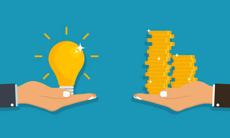 Hand holds light bulb with idea and giving receiving golden coins from other hand. Concept for business idea sell, buyer and customer. Vector illustration.のイラスト素材