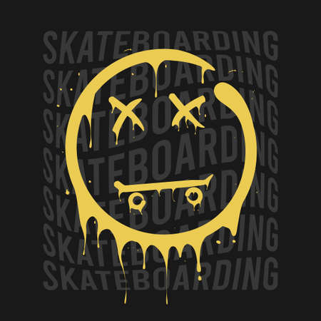 Skateboarding t-shirt design with smile that melts and dripping. Skateboard and smile print for tee shirt. Typography graphics for apparel on skate board theme. vector illustration.のイラスト素材