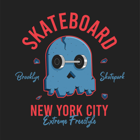 Skull skateboard design for t-shirt. New York, Brooklyn skatepark tee shirt print with skull and skate. Apparel drawn print on skateboarding theme. vector illustration.のイラスト素材