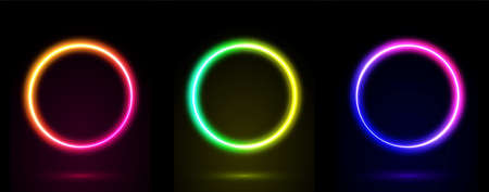 Set of 3d neon circle frame in vibrant color. Glowing borders neon light. Illuminated colorful frames collections on dark background with copy space. vector illustration.のイラスト素材
