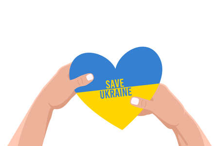 Heart in Ukrainian national flag colors in hands. Human gives heart with text - save Ukraine....
