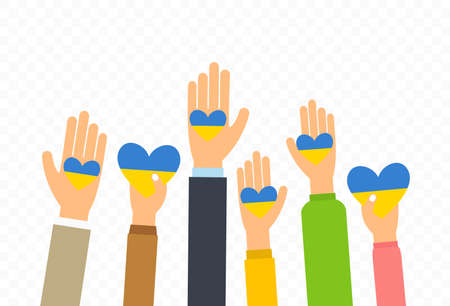 People give hearts in Ukrainian flag colors in palm hand. Concept of charity and donation for Ukraine. Flat style illustration isolated on transparent background. Vector.のイラスト素材