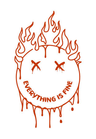 Burning emoji smile that melts and dripping. Design for t-shirt with melting smile emoticon on fire. Typography graphics for tee shirt and apparel print. Vector illustration.のイラスト素材